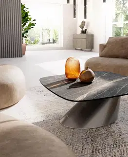 Konferenčné stolíky DELIFE Konferenčný stolík Edge zaoblený 90x90 cm keramika Laminam® Noir Desir hnedá Conis metalická strieborná