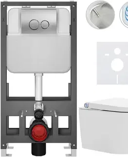Záchody CERANO - Závesné WC s bidetom Basic/Cronus Standard - biela lesklá - WC tlačidlo Dualo/Strieborná - voľne stojaca - predstenová inštalácia - 59,3x38,4 CER-8050BD86432