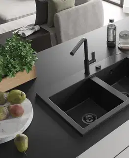 Kuchynské drezy MEXEN/S MEXEN/S - Hektor granitový drez 2-bowl 800 x 480 mm, čierna, čierny sifón 6521802000-77-B