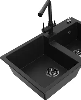 Kuchynské drezy MEXEN/S MEXEN/S - Tomas granitový drez 2-bowl vrátane batérie Duero, čierna 6516-77-671600-70-B