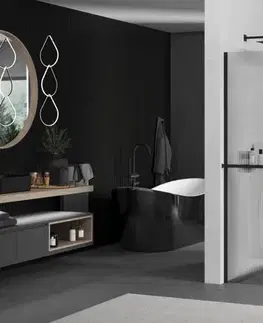 Sprchové dvere MEXEN/S - Kioto+ Sprchová zástena WALK-IN s poličkou a držiakom uterákov 80 x 200, prúžky 8 mm, čierna 800-080-121-70-09