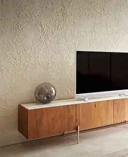 Televízne stolíky DELIFE TV stolík Secara 220 cm akácia prírodná 4 dvierka mramorové nohy nerezová oceľ