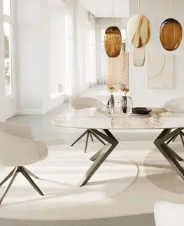 Jedálenské stoly DELIFE Jedálenský stôl Edge oválny 220x120 keramika Minas Melange bielo-béžová Zenthara hranatý kov efektová povrchová úprava titánová