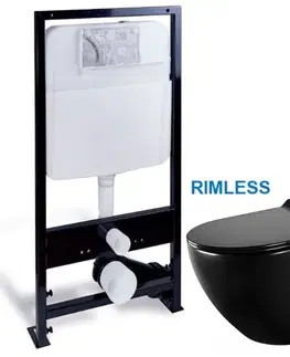 Závesné wc sety PRIM predstenový inštalačný systém bez tlačidla + WC MEXEN LENA ČERNÁ Rimless + SEDADLO PRIM_20/0026 X ME01