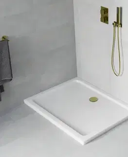 Vane MEXEN/S - Flat sprchová vanička obdĺžniková slim 100 x 90, biela + zlatý sifón 40109010G