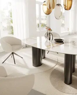 Jedálenské stoly DELIFE Jedálenský stôl Edge oválny 220x120 keramika Minas Melange bielo-béžová pilier nerezová oceľ grafitová