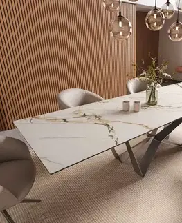 Jedálenské stoly DELIFE Jedálenský stôl Edge 300x100 keramika Calacatta Luxe bielo-zlato-šedá Spider plochá nerezová oceľ