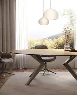 Jedálenské stoly DELIFE Jedálenský stôl Edge oválny 220x120 keramika Laminam® Sabbia dubová farba Zenthara hranatý kov titánový efektový povrch