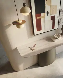 Konzolové stolíky DELIFE Konzolový stolík Edge zaoblený 140×40 cm keramika Laminam® Travertino Bianco krémovo biela Conos kov titánová farba
