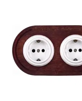 Predlžovacie káble Elhard - Dvojitá keramická retro domová zásuvka s rámom SCHUKO 230V biela/drevo EF0114+2xEF0087