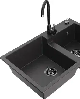 Kuchynské drezy MEXEN/S MEXEN/S - Tomas granitový drez 2-bowl vrátane batérie Telma, čierna kropenatá 6516-76-670200-70-B