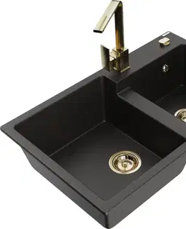 Kuchynské drezy MEXEN/S MEXEN/S - Tomas granitový drez 2-bowl vrátane batérie Rita, čierna/zlatá metalik 6516-75-670300-50
