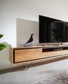 Televízne stolíky DELIFE TV stolík Stonegrace 240 cm akácia prírodná 2 dvierka 1 priehradka 2 zásuvky kamenná dyha podstava v tvare V