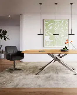 Jedálenské stoly DELIFE Jedálenský stôl Edge zaoblený tvar 240x120x2,5-3 dub prírodný krížová podstava obdĺžnik nerezová oceľ švajčiarska hrana