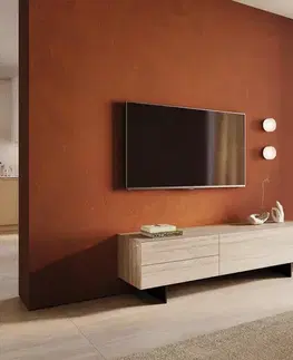 Televízne stolíky DELIFE TV stolík Cuor 180 cm keramika Laminam® Travertino Bianco krémovo biela 1 výklopné dvierka 2 zásuvky podstava závesná kov čierna