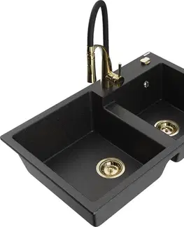 Kuchynské drezy MEXEN/S MEXEN/S - Tomas granitový drez 2-bowl vrátane batérie Aster, čierna/strieborná metalík 6516-73-73450-57-G