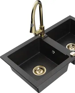 Kuchynské drezy MEXEN/S MEXEN/S - Mario granitový drez 2-bowl vrátane batérie Elia, čierna/strieborná metalík 6504-73-670101-50