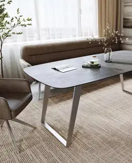 Jedálenské stoly DELIFE Jedálenský stôl Edge zaoblený 200x100 cm keramika betónová sivá nerezová oceľ skosený