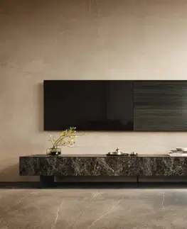 Televízne stolíky DELIFE TV stolík Cuor 250 cm keramika emperador extra leštený tmavohnedá 1 výklopné dvierka 1 zásuvka podstava závesná kov čierna