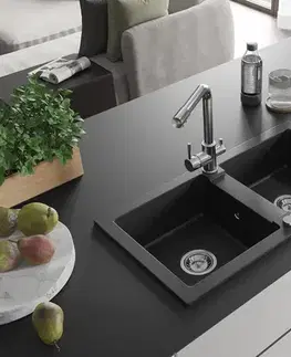 Kuchynské drezy MEXEN/S MEXEN/S - Mario granitový drez 2-bowl vrátane batérie Duero, čierna/strieborná metalík 6504-73-671600-00