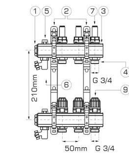 Doplnky do kúpeľne NOVASERVIS - ROZDEĽOVAČ s term. ventilmi, reg. s prietok. mech. 5 okruhov RZP05S