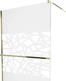 Sprchové dvere MEXEN/S - KIOTO Sprchová zástena WALK-IN s poličkou a držiakom uterákov 100 x 200, transparent/bialy vzór 8 mm, zlatá 800-100-121-50-85