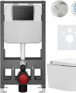 Záchody CERANO - Závesné WC s bidetom Basic/Cronus Standard - biela lesklá - WC tlačidlo Maxio/Čierna - voľne stojaca - predstenová inštalácia - 59,3x38,4 CER-8050BD86442