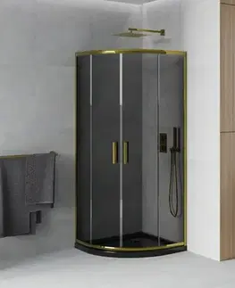 Vane MEXEN/S - Rio sprchovací kút štvrťkruh 90x90, grafit, zlatá + čierna vanička so sifónom 863-090-090-50-40-4170G