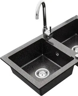 Kuchynské drezy MEXEN/S MEXEN/S - Mario granitový drez 2-bowl vrátane batérie Telma, čierna kropenatý 6504-76-670200-00