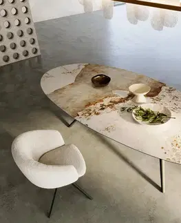Jedálenské stoly DELIFE Jedálenský stôl Edge oválny 280x130 keramika Minas Melange bielo-béžová Estelar okrúhly kov titánový efektový povrch