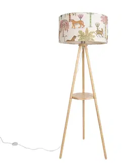 Stojace lampy Drevená stojacia lampa s trojnožkou s viacfarebným tienidlom so zvieracou potlačou 50 cm - Lou