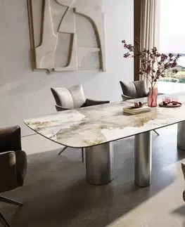 Jedálenské stoly DELIFE Jedálenský stôl Edge zaoblený tvar 300×120 cm keramika Minas Melange bielo-béžová Troa nerezová oceľ kefovaná