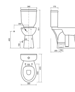 Záchody SAPHO - HANDICAP WC kombi misa zvýšená 36,3x67,2cm, spodný odpad BD301.410.00