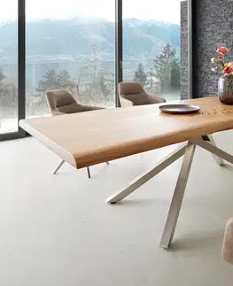 Jedálenské stoly DELIFE Jedálenský stôl Edge 260x100 XL akácia prírodná krížová podstava obdĺžnik nerezová oceľ Live-Edge