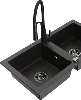 Kuchynské drezy MEXEN/S MEXEN/S - Mario granitový drez 2-bowl vrátane batérie Aster, čierna/zlatá metalik 6504-75-73450-70-B