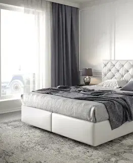 Postele Boxspring DELIFE Boxspring posteľ Dream-Great 160×200 cm umelá koža biela s matracom a topperom