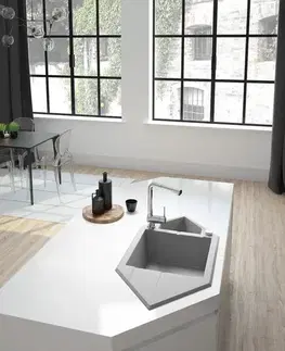 Kuchynské drezy DEANTE DEANTE - Hexon metalický šedý granitový drez, 1,5-miska s odkvapkávačom - Space-Saver ZQP_S653