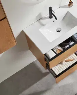 Kúpeľňový nábytok CERANO - Kúpeľňová skrinka Velora - dub medový, úchytka čierna + keramické umývadlo Todo - 71x55x46,5 CER-664945