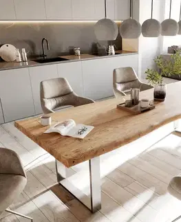 Jedálenské stoly DELIFE Jedálenský stôl Edge 280x100 cm XL akácia prírodná nerezová oceľ úzky Live-Edge