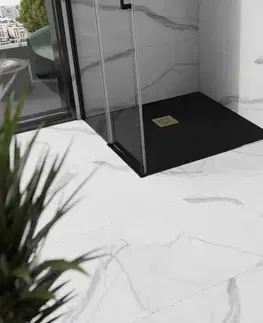 Vane MEXEN/S - Stone+ štvorcová sprchová vanička 80 x 80, čierna, mriežka zlatá 44708080-G