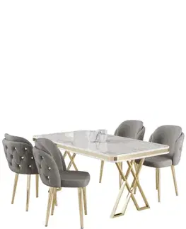 Jedálenské sety Dining Table & Chairs Set (5 Pieces) Rigel - White, Gold, Grey