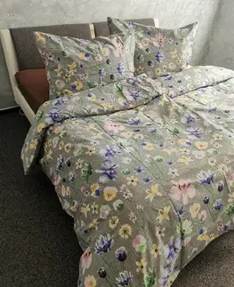 Obliečky Obliečky bavlnené Poľné kvety sivé TiaHome - 1x Vankúš 90x70cm, 1x Paplón 140x200cm