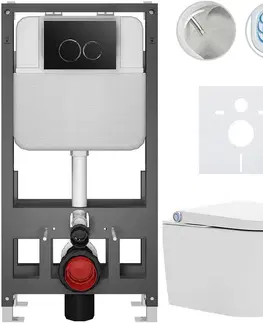 Záchody CERANO - Závesné WC s bidetom Basic/Cronus Standard - biela lesklá - WC tlačidlo Dualo/Čierna - voľne stojaca - predstenová inštalácia - 59,3x38,4 CER-8050BD86427