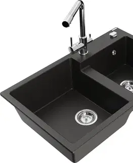 Kuchynské drezy MEXEN/S MEXEN/S - Tomas granitový drez 2-bowl vrátane batérie Duero, čierna/zlatá metalik 6516-75-671600-00