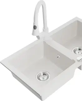 Kuchynské drezy MEXEN/S MEXEN/S - Mario granitový drez 2-bowl vrátane batérie Elia, biela 6504-20-670101-20