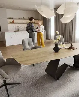 Jedálenské stoly DELIFE Jedálenský stôl Edge zaoblený tvar 200-300×120 cm keramika Laminam® sabbia v dubovej farbe podstava v tvare W kov čierna rozkladací