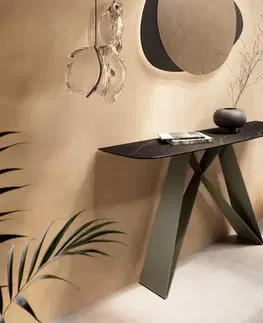 Konzolové stolíky DELIFE Konzolový stolík Edge zaoblený 140×40 cm keramika Laminam® Noir Desir hnedá Velio kov titánová farba