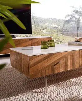 Konferenčné stolíky DELIFE Konferenčný stolík Bahan 115x60 cm mango teak 2 zásuvky mramorová doska biela podstava v tvare L nerezová oceľ