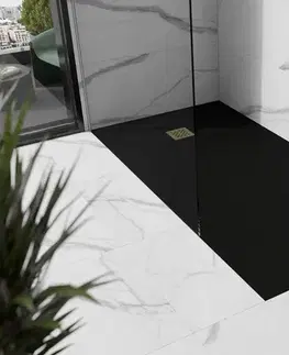 Vane MEXEN/S - Stone+ obdĺžniková sprchová vanička 200 x 100, čierna, mriežka zlatá 44701020-G