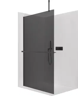 Držadlá k vani CERANO - Sprchová zástěna Walk-in Onyx Top Cube L/P - 8 mm - hranatá vzpěra + polička/držák na ručníky - černá matná, grafitové sklo - 30x200  CER-8050BD80070
